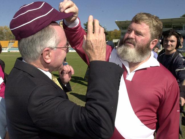 Then prime minister John Howard with Geoff Clark for Prime Minister’s XI vs ATSIC Chairman’s XI match at Manuka Oval in 2001.