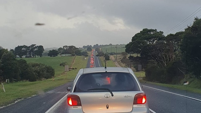 A horror smash at the entrance to Phillip Island is causing major traffic delays on June 26, 2023. Picture: Brittany Carlson