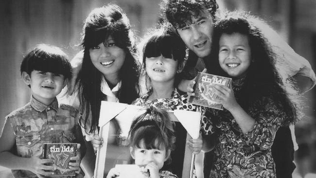 Jane and Jimmy Barnes with their children AKA Tin Lids in 1991 – Jackie, Elly-May, Eliza Jane and Mahalia. Picture: Supplied.