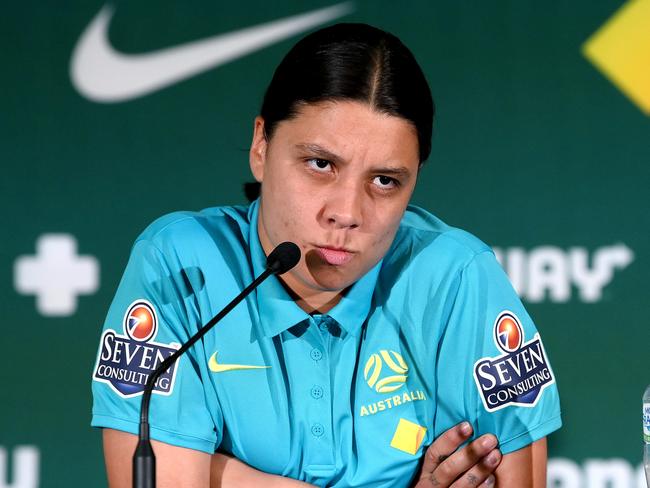 BRISBANE, AUSTRALIA - JULY 29: Sam Kerr speaks to the media during an Australian Matildas media opportunity in the FIFA Women's World Cup Australia & New Zealand 2023 at Queensland Sport and Athletics Centre on July 29, 2023 in Brisbane, Australia. (Photo by Bradley Kanaris/Getty Images)