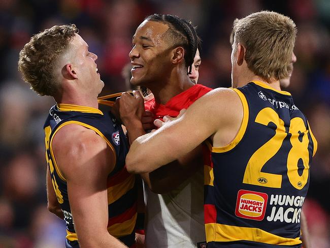 Joel Amartey will be hoping to go close to his nine-goal haul against the Crows again on Saturday. Picture: Sarah Reed/AFL Photos via Getty Images