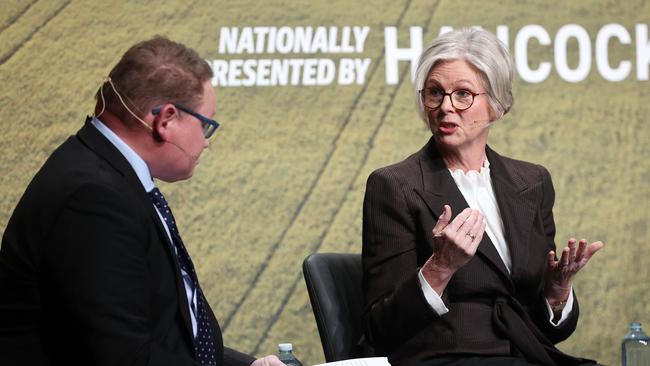 Independent MP for Indi Dr Helen Haines speaks at the Herald Sun Bush Summit in Wodonga with The Weekly Times editor James Wagstaff on Thursday August 17. Picture: Mark Stewart