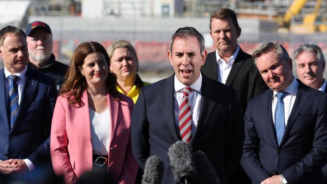 Treasurer Jim Chalmers talks at a press conference at Ampol Oil refinery at Lytton. Picture: Lachie Millard