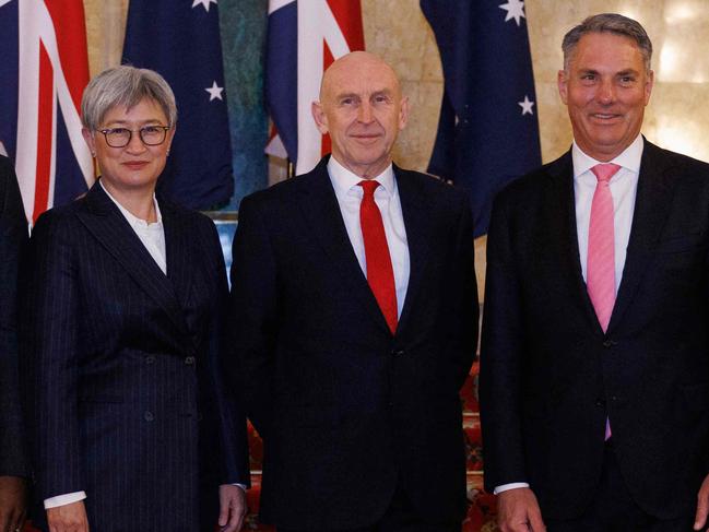 Britain's Foreign Secretary David Lammy (L) and Britain's Defence Secretary John Healey (2R) pose with Australia's Foreign Minister Penny Wong (2L) and Australia's Deputy Prime Minister and Defence Minister Richard Marles, at Lancaster House ahead of the annual Australia-UK Ministerial Consultations (AUKMIN) meeting in London on December 16, 2024. (Photo by Dan Kitwood / POOL / AFP)