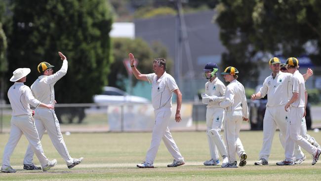 South Barwon bowler Brad Hauenstein celebrates a wicket with team mates.GCA1 game between South Barwon and Lara. Picture: Peter Ristevski