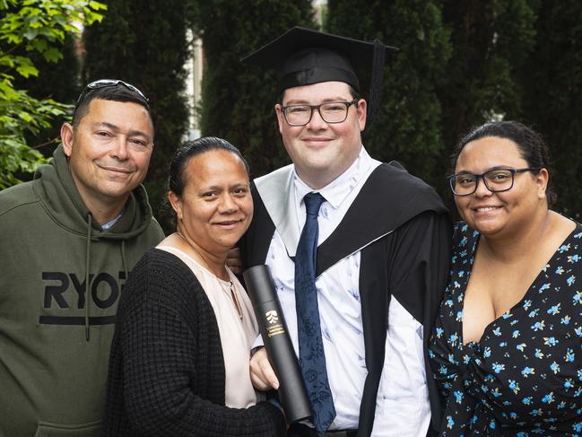 Bachelor of Business and Commerce graduate Jordi Scope with parents-in-law Kevin and Chilian Fogarty and wife Shynaya Scope at a UniSQ graduation ceremony at The Empire, Wednesday, October 30, 2024. Picture: Kevin Farmer