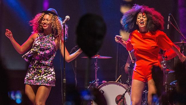 Sisters are doin’ it for themselves ... Beyonce (L) joins sister Solange on stage at Coachella. Picture: Getty Images