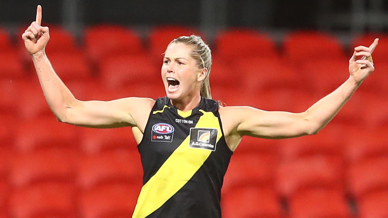 Tigers captain Katie Brennan celebrates on of her three goals in the win over Gold Coast. Picture: Getty Images