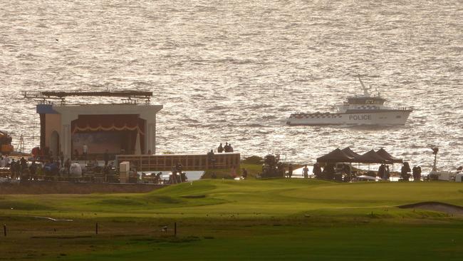 Police security patrols the coast during filming. Picture: John Grainger