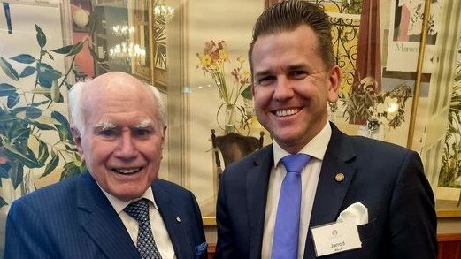 LNP deputy leader Jarrod Bleijie with his ‘political hero’, former prime minister John Howard, at the launch of Ashley Goldsworthy's book in Brisbane. Picture: Facebook