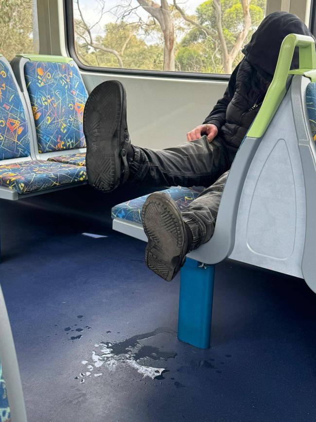 A man relieves himself onboard a Metro Train in front of women and children. Picture: supplied