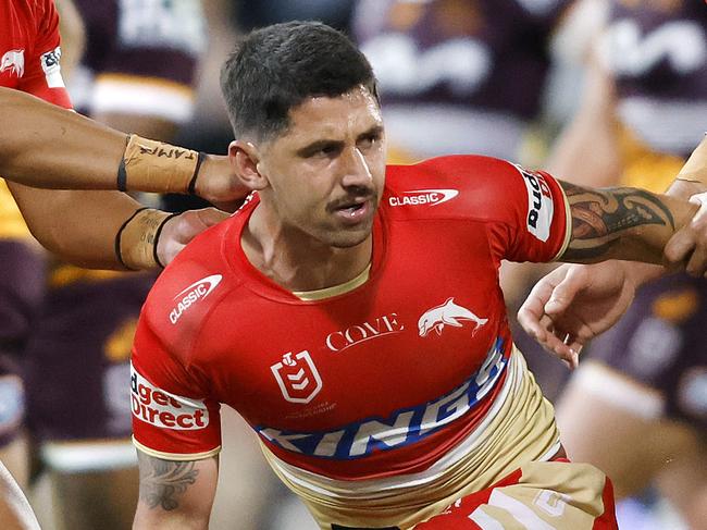 The Dolphins' Jeremy Marshall-King celebrates a try against Brisbane. NRL Imagery