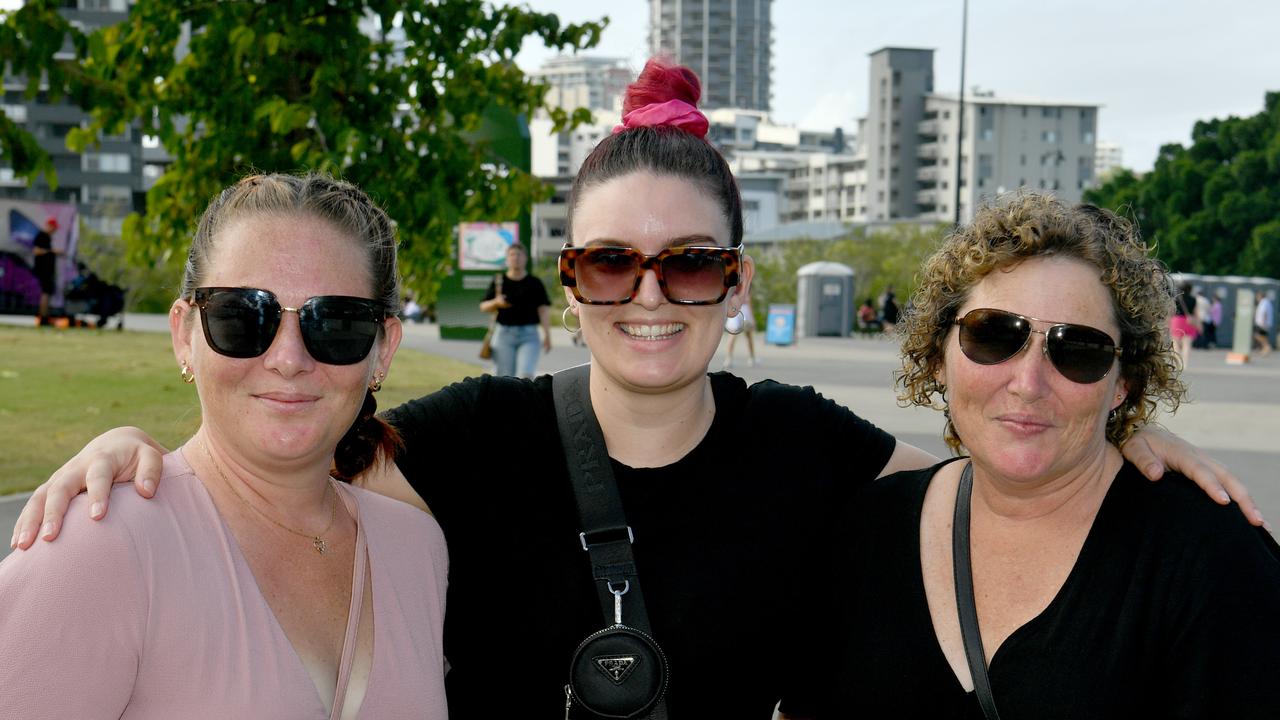 Socials at Pink convert at Townsville's Queensland Country Bank Stadium. Samantha Gilliland, Kayla Dollard and Megan Bundfuhs. Picture: Evan Morgan