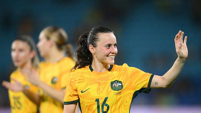 Hayley Raso of Australia acknowledges the fans after the team's defeat in the International Friendly match between the Matildas and Brazil at Cbus Super Stadium on December 01, 2024 in Gold Coast, Australia. (Photo by Matt Roberts/Getty Images)