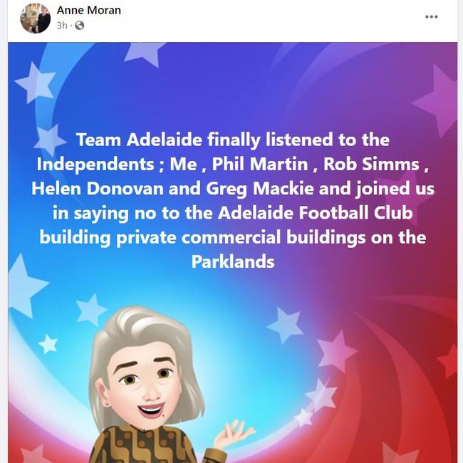 Anne Moran’s Facebook post about the Adelaide Crows decision. Picture: Facebook