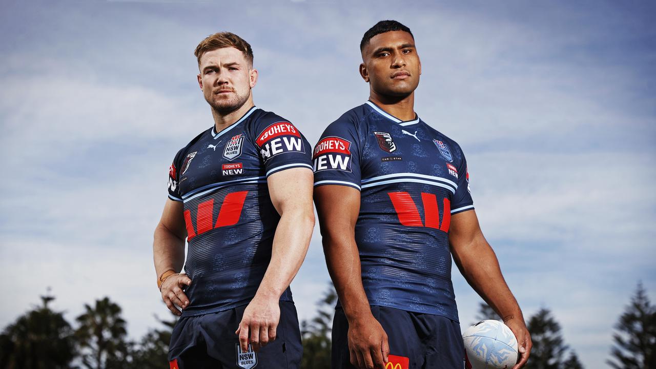 Hudson Young and Tevita Pangai Jnr in NSW’s navy blue jersey. Picture: Sam Ruttyn