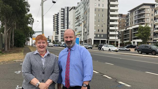 Liverpool Mayor Wendy Waller with Unions NSW secretary Mark Morey. Cr Waller is one of several western Sydney mayors to sign on to Unions NSW Even Growth campaign. Picture: Cindy Ngo