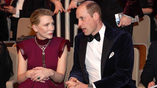 Cate Blanchett with Prince William, Prince of Wales and BAFTA president, during the British Academy Film Awards in London on February 18. Picture: Jordan Pettitt/Pool/AFP