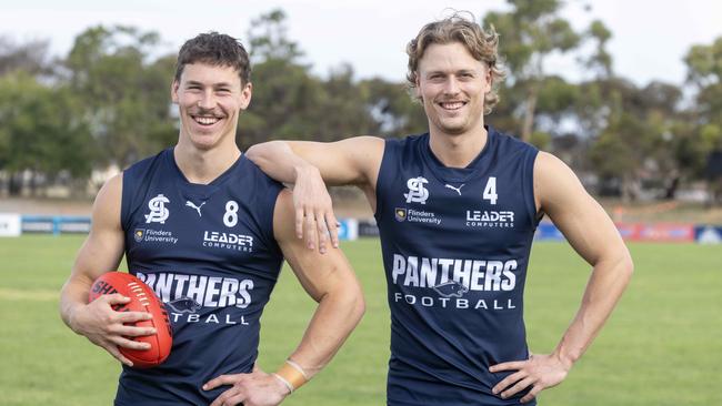 South Adelaide recruits Callum McCarty and Arlo Draper before training at Noarlunga Oval Picture: Kelly Barnes