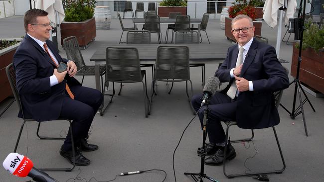 Sky News journalist Andrew Clennell and Anthony Albanese. Picture: Toby Zerna