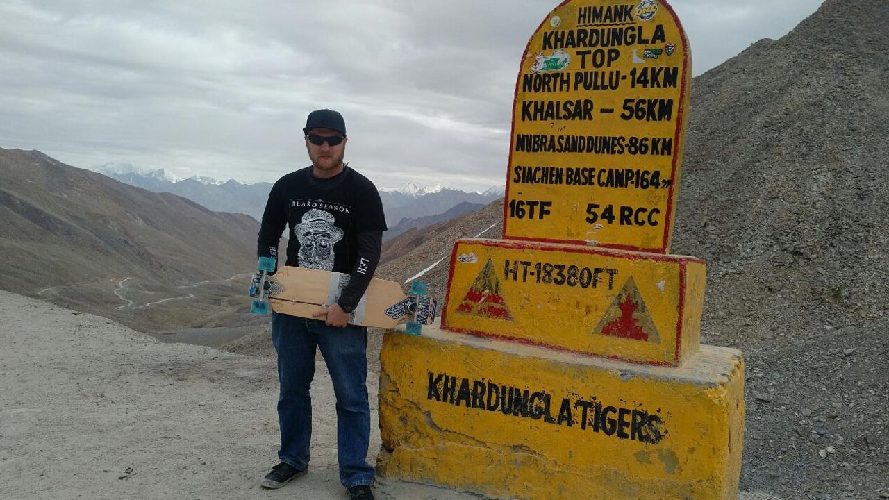 The highest altitude skateboarding is 5355m and was achieved by Australian Aleks Stocki in Leh, Jammu and Kashmir, India, in 2017. Picture: Guinness World Records