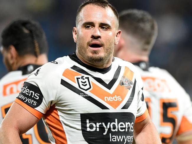 SUNSHINE COAST, AUSTRALIA - SEPTEMBER 19: Josh Reynolds of the Tigers looks dejected during the round 19 NRL match between the Melbourne Storm and the Wests Tigers at Sunshine Coast Stadium on September 19, 2020 in Sunshine Coast, Australia. (Photo by Matt Roberts/Getty Images)