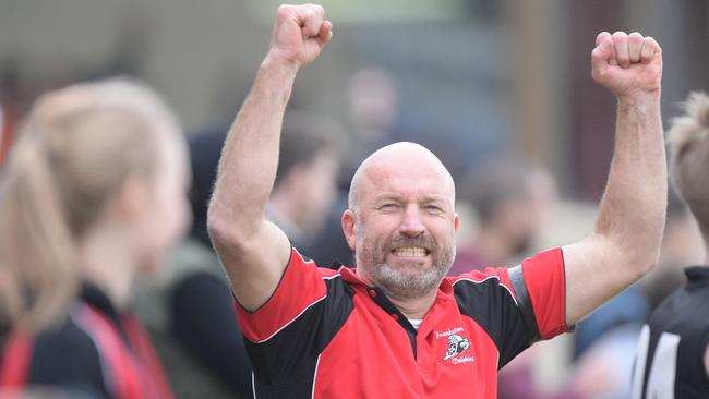 Simon Goosey celebrates a come-from-behind win at Frankston in the VFL.