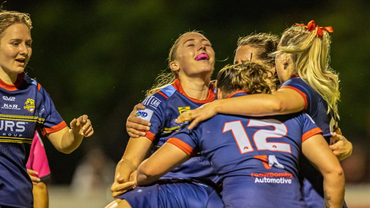 Western Clydesdales players celebrate a try against Souths Logan Magpies. Picture: Benny Hassum Photography.