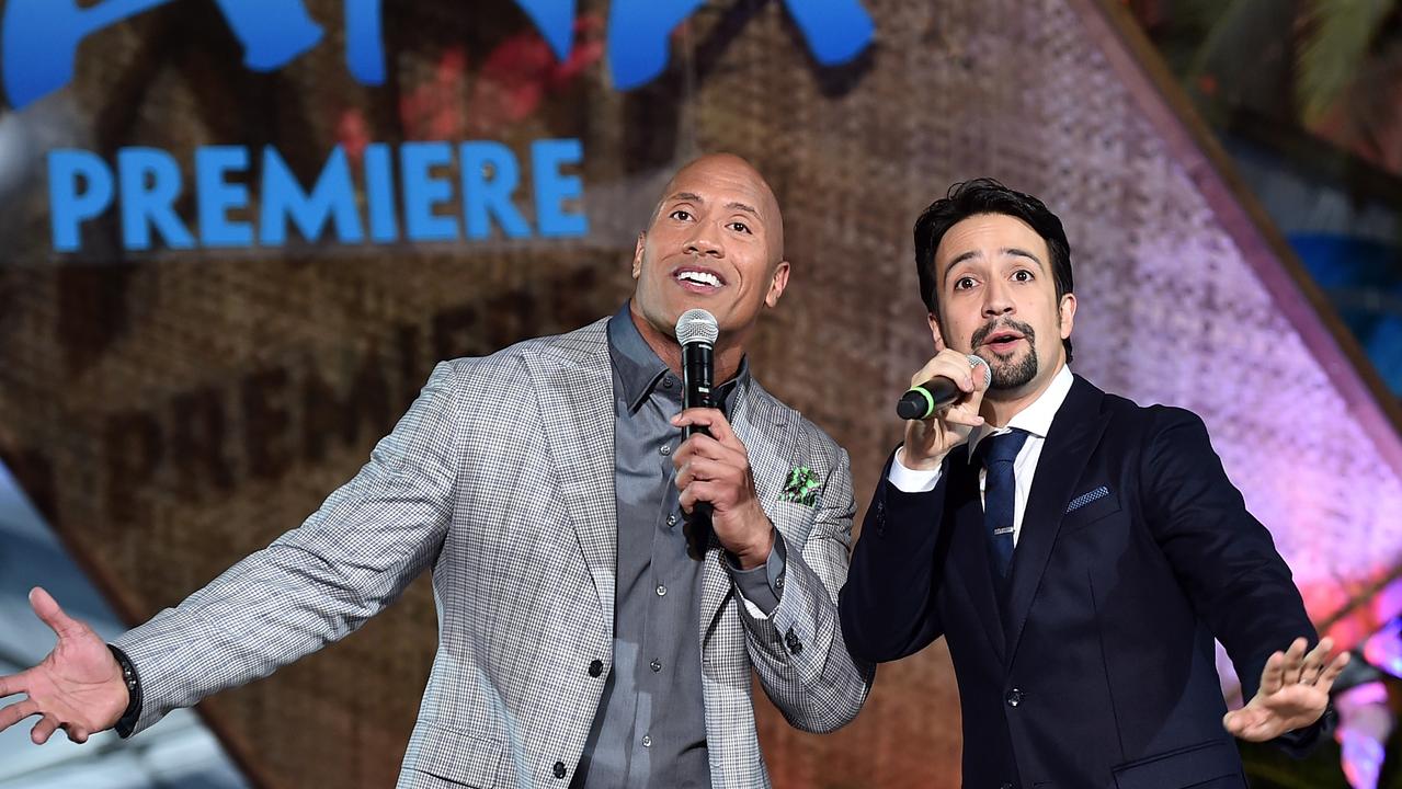 Johnson at the Moana premiere in 2016 with songwriter Lin-Manuel Miranda, who was behind the hits on the original film. Picture: Alberto E. Rodriguez/Getty Images