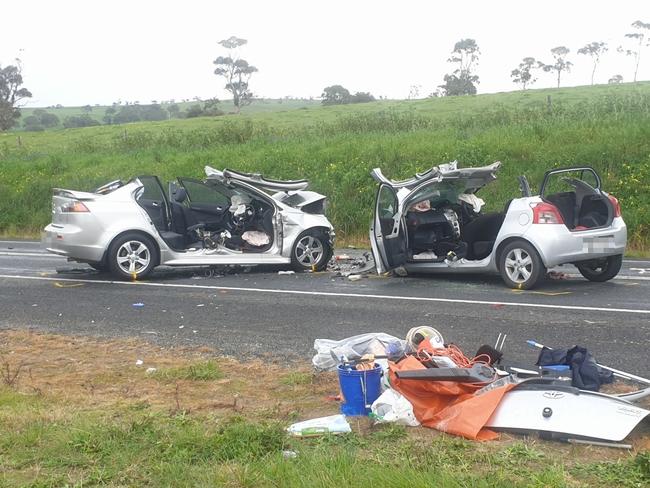 The two-car crash at Sandergrove, near Strathalbyn. Picture: Tom Huntley