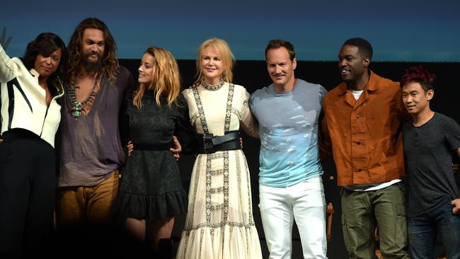 Aquaman cast Aisha Tyler, Jason Momoa, Amber Heard, Nicole Kidman, Patrick Wilson, Yahya Abdul-Mateen II, and James Wan bow onstage at Comic-Con in San Diego. Picture: Kevin Winter/Getty Images