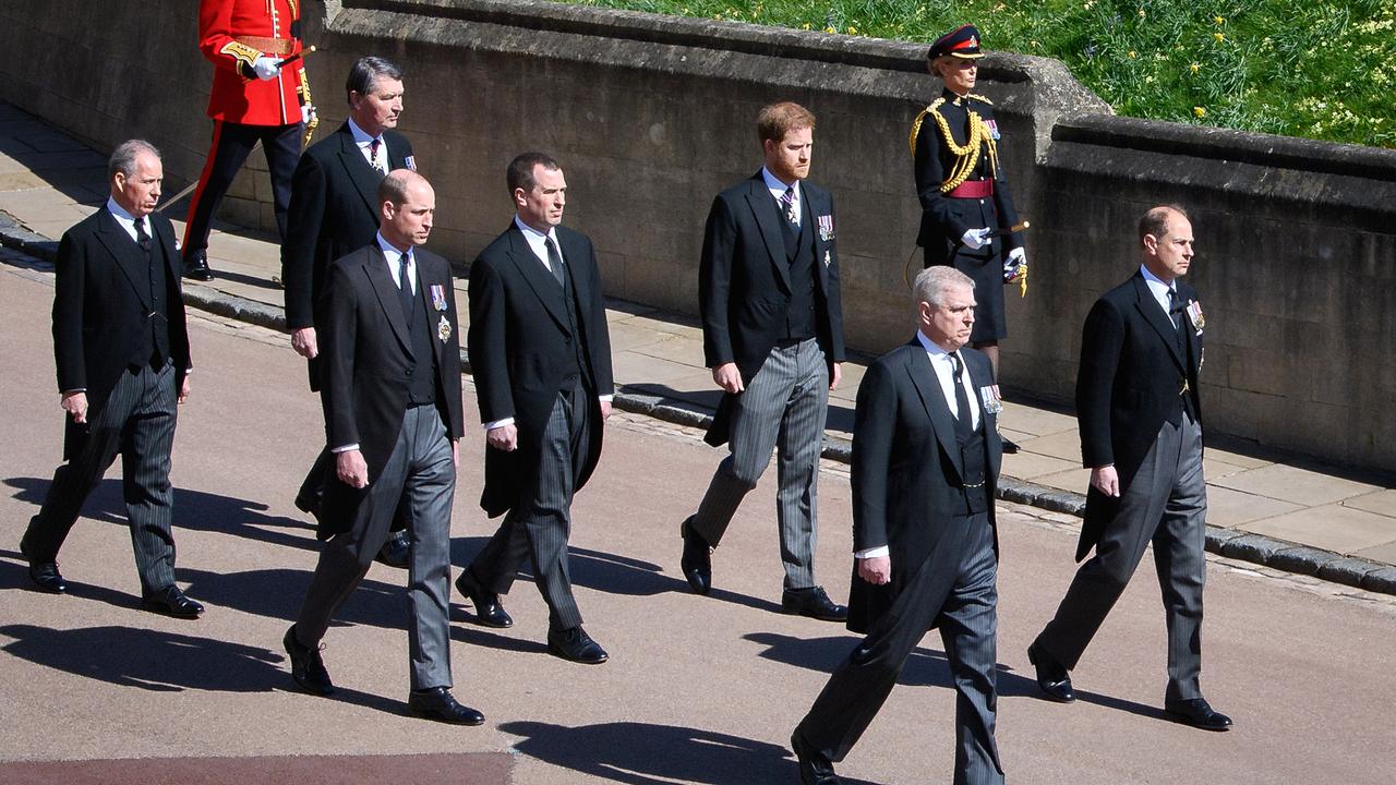 William and Harry with other male royal family members walk in a sombre procession towards St George’s Chapel. Picture: Leon Neal/Getty Images