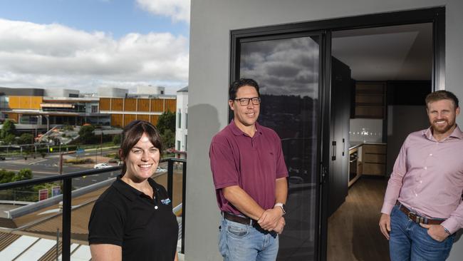 Inspecting a unit are (from left) Hutchinson Builders contract administrator Cody Lugg, developer Mitchell Bernoth and Hutchinson Builders team leader Sean Lees as Bernoth Properties residential tower on Mylne St nears completion, Thursday, March 23, 2023. Picture: Kevin Farmer