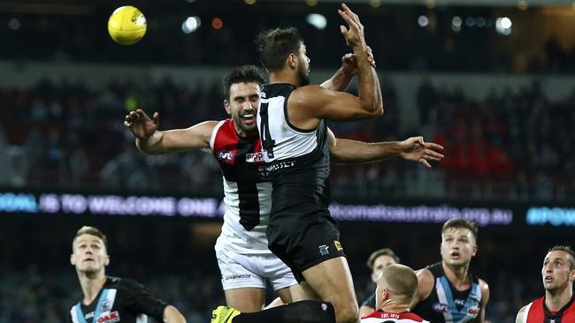 Star Port Adelaide ruckman Paddy Ryder famously taps the ball to ace teammate Robbie Gray to kick the winning goal against St Kilda in round 19. Picture: Sarah Reed.