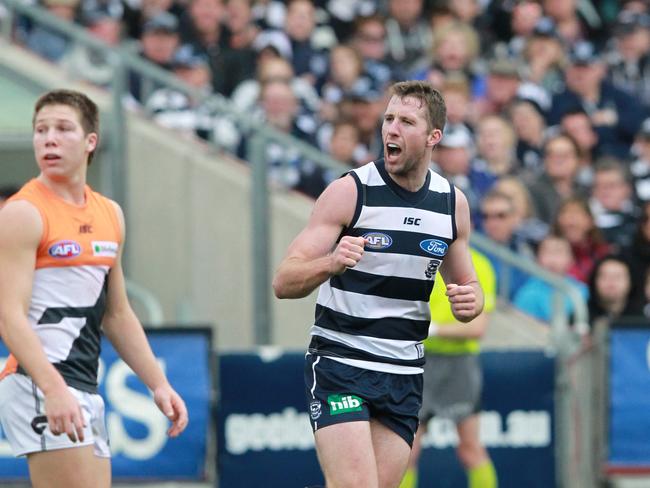 Orren Stephenson celebrates his first AFL goal.