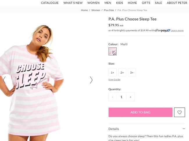 The P.A. Plus Choose Sleep Tee advertised for $79.95 on www.peteralexander.com.au.