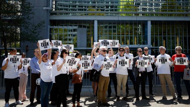 Journalists and members of the Independent Association of Publishers' Employees a rally to call for release of Wall Street Journal reporter Evan Gershkovich. Picture: Getty Images via AFP.