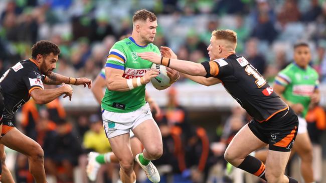 CANBERRA, AUSTRALIA - AUGUST 06: Hudson Young of the Raiders in action during the round 23 NRL match between Canberra Raiders and Wests Tigers at GIO Stadium on August 06, 2023 in Canberra, Australia. (Photo by Mark Nolan/Getty Images)