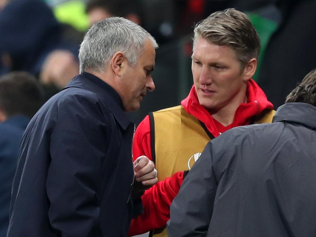 SAINT-ETIENNE, FRANCE - FEBRUARY 22: Bastian Schweinsteiger of Manchester United speaks with Jose Mourinho, manager of Manchester United on the touchline during the UEFA Europa League Round of 32 second leg match between AS Saint-Etienne and Manchester United at Stade Geoffroy-Guichard on February 22, 2017 in Saint-Etienne, France. (Photo by Christopher Lee/Getty Images)