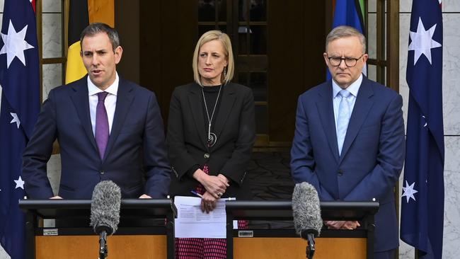 Anthony Albanese, Treasurer Jim Chalmers and Finance, Public Service and Women Katy Gallagher hold a press conference after the Jobs and Skills Summit. Picture: NCA NewsWire / Martin Ollman