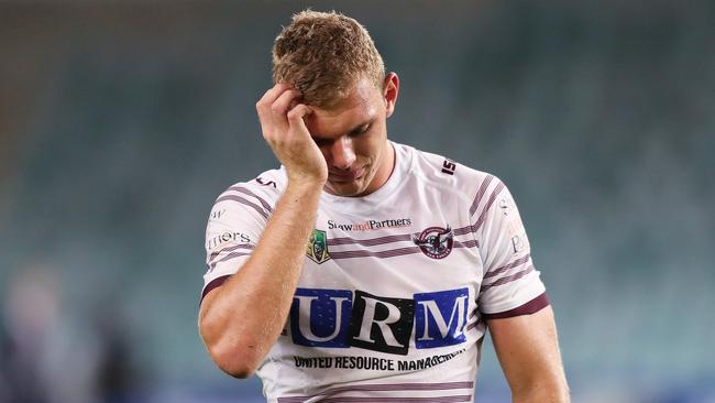 Tom Trbojevic had a tough day in Manly’s loss to the Roosters. Picture: Brett Costello