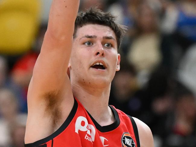 GOLD COAST, AUSTRALIA - SEPTEMBER 10: Ben Henshall of the Wildcats gestures during the 2024 NBL Blitz match between Illawarra Hawks and Perth Wildcats at Gold Coast Sports and Leisure Centre on September 10, 2024 in Gold Coast, Australia. (Photo by Matt Roberts/Getty Images)