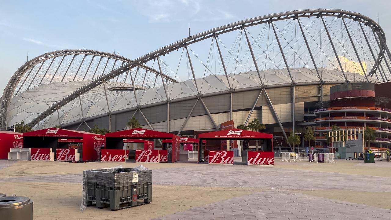 Budweiser stands are seen outside a stadium. Photo by Buda Mendes/Getty Images.