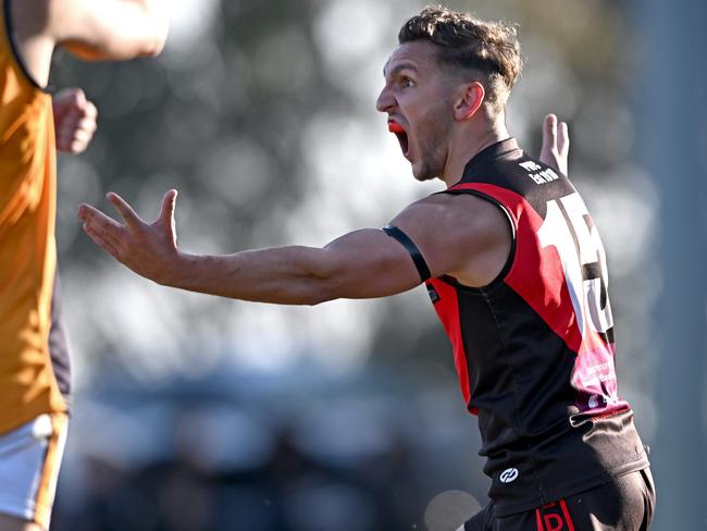 Pascoe ValeÃs Adam Figliola celebrates a goal during the EDFL Pascoe Vale v Strathmore football match in Greenvale, Saturday, Aug. 31, 2024. Picture: Andy Brownbill