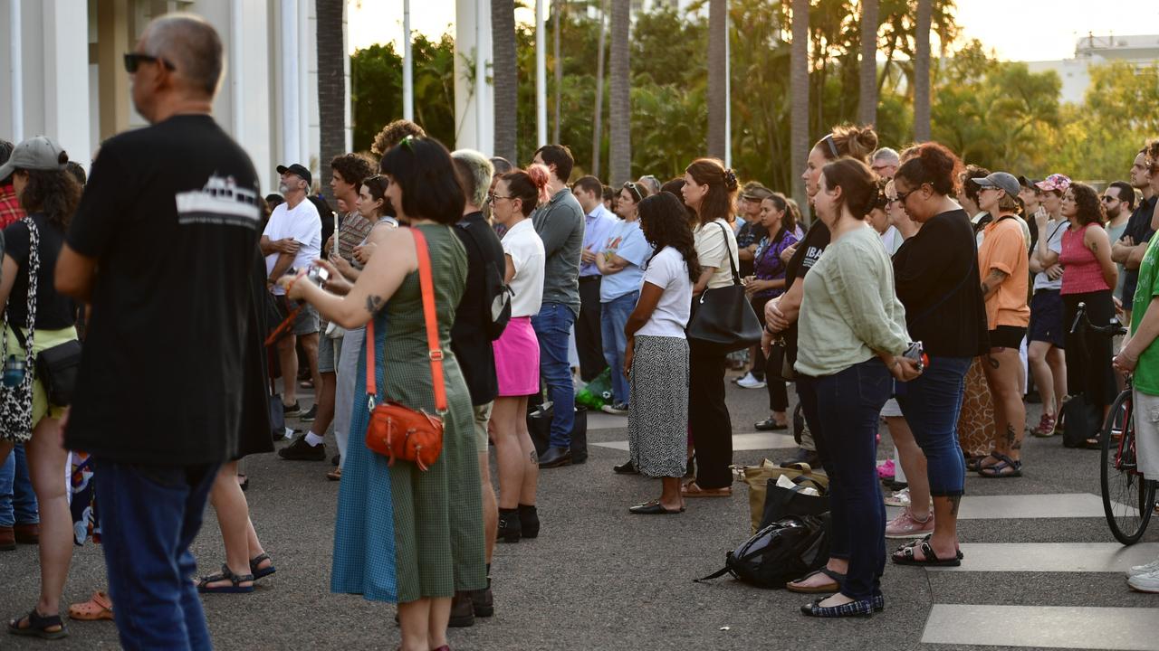 Hundreds of Top End residents gathered outside the NT Parliament on Wednesday during a vigil for Kumanjayi White, a 24-year-old Warlpiri man with a disability who died after being restrained by police in the Alice Springs Coles. Picture: Zizi Averill