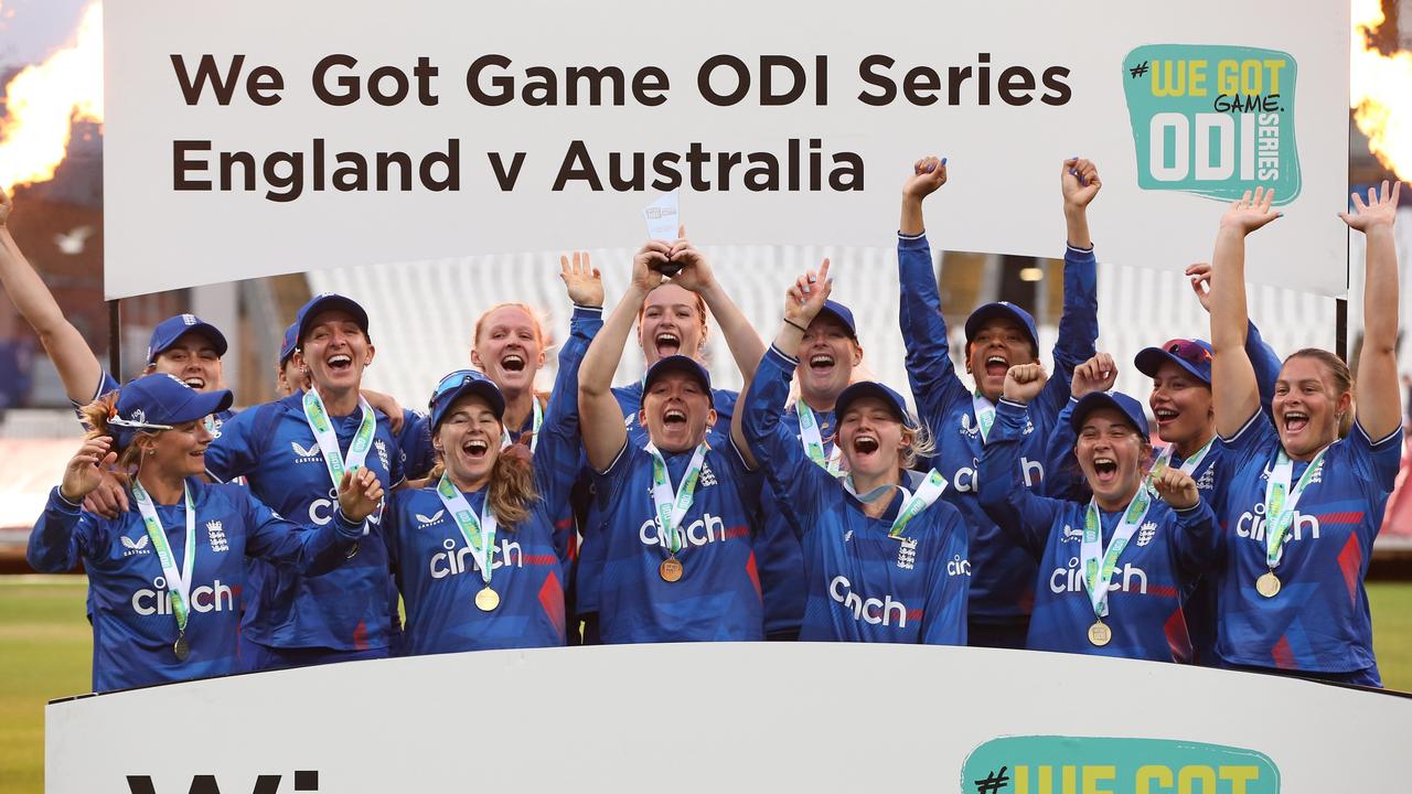 England players celebrate their ODI series victory. Picture: Steve Bardens/Getty Images