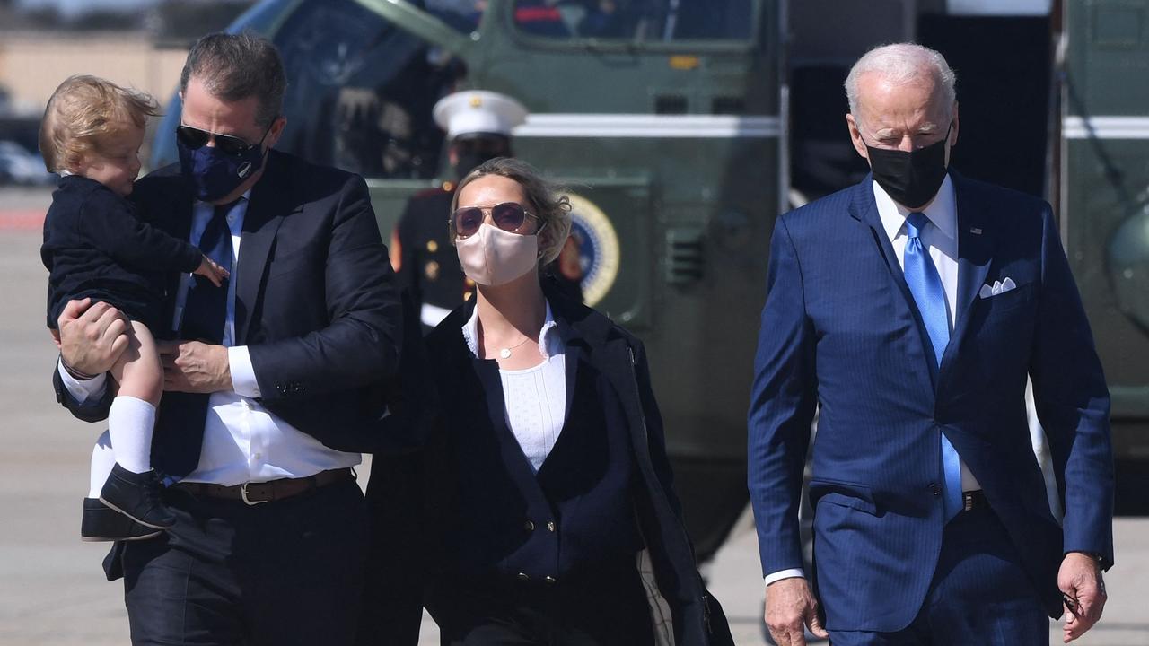 Hunter Biden with son Beau, wife Melissa Cohen and US President Joe Biden prepare to board Air Force One at Maryland on March 26. Picture: Olivier Douliery/AFP