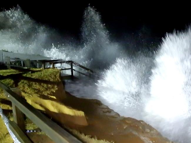 King tides have battered Sydney's Northern Beach suburb of Collaroy again with huge waves crashing against the already damaged homes. Council workers and emergency service workers filled sand bags in preparation for the night ahead. Pics Bill Hearne