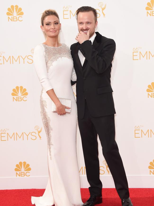 Aaron Paul and Lauren Parsekian attend the 66th Annual Primetime Emmy Awards.