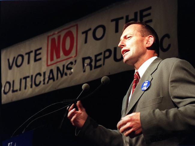 NOVEMBER 1, 1999: Monarchist MP Tony Abbott addresses rally at Darling Harbour Convention Centre, 01/11/99 urging Australians to vote "No" in Republic referendum. Picture: Bob Finlayson